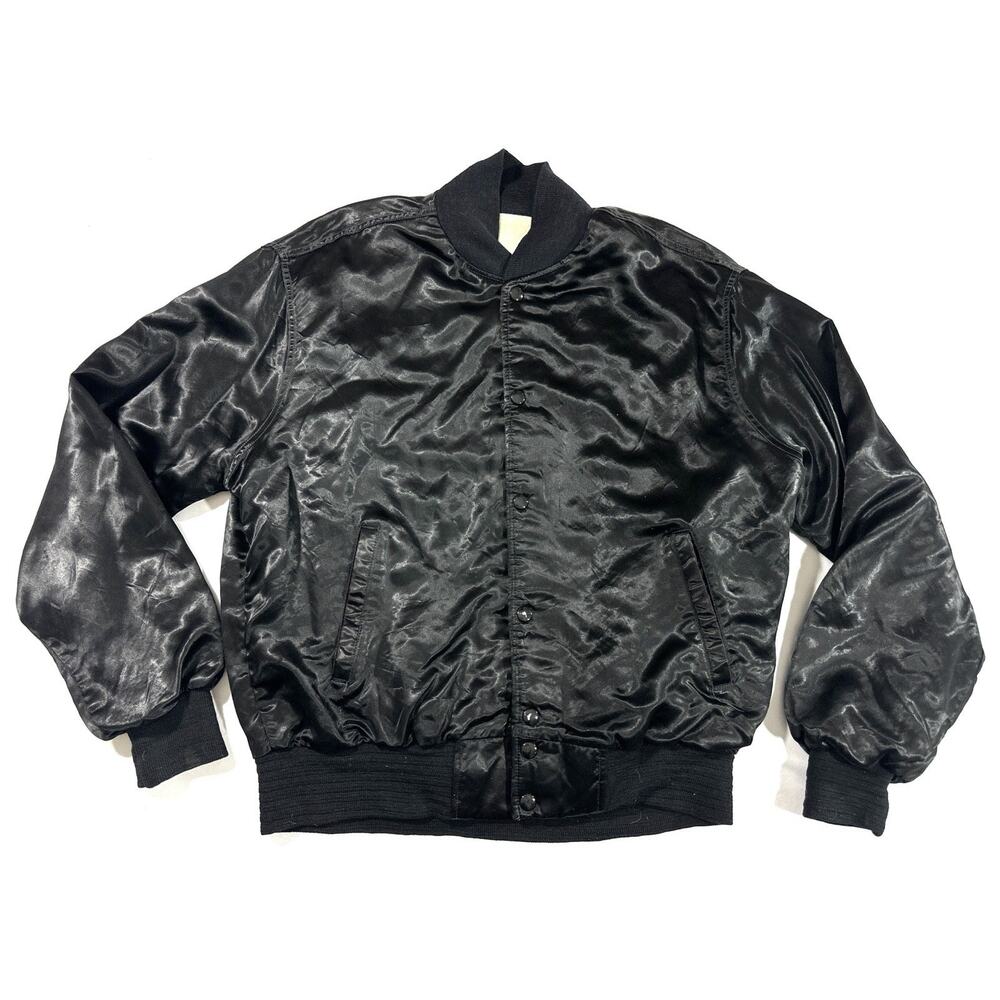 Vintage CBS Satin Bomber Jacket Black Snap Front Crew Style 80s–90s TV Network - Picture 4 of 11